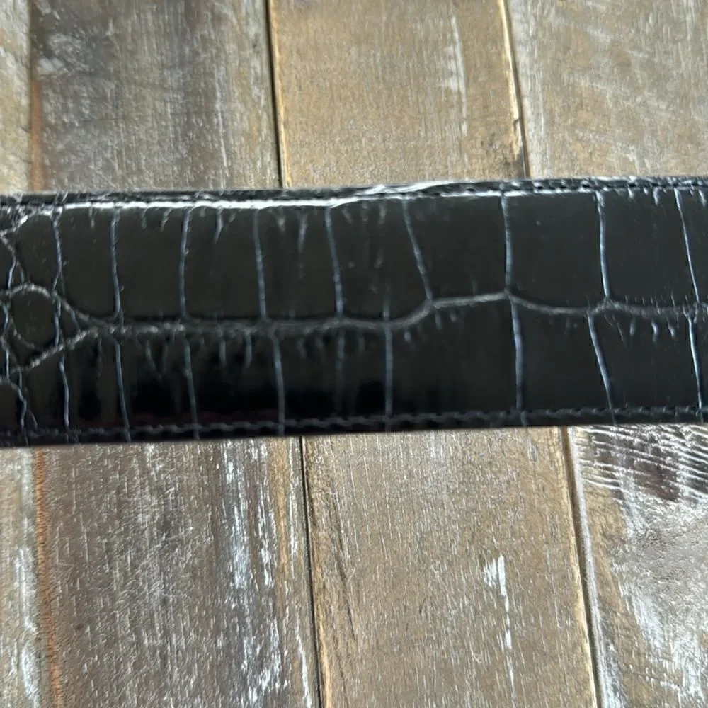 Croc Embossed Black Leather Belt Oval Ornate Silver Tone Buckle Women’s Size XL